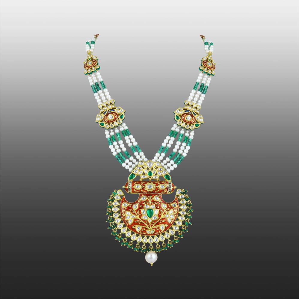 Red Enamel Polki Pendant Necklace with Pearls & Emerald Beads